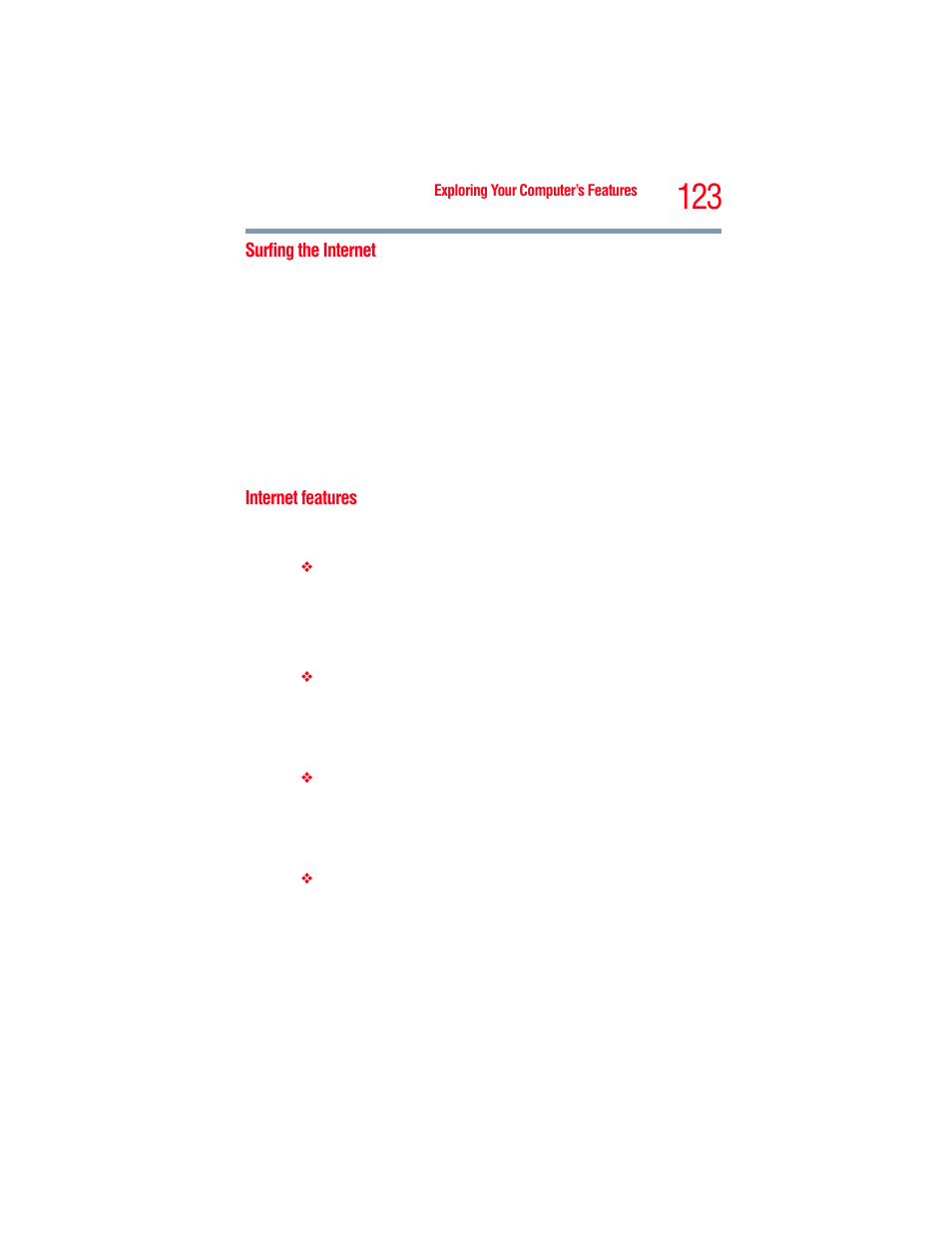 Surfing the internet, Internet features, Surfing the internet internet features | Toshiba A205 User Manual | Page 123 / 237