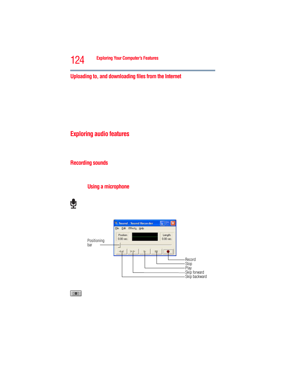 Exploring audio features, Recording sounds, Uploading to, and downloading files | From the internet | Toshiba A205 User Manual | Page 124 / 237