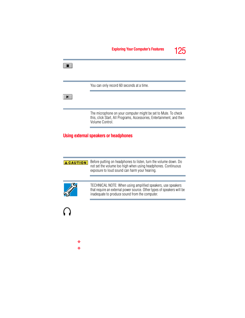 Using external speakers or headphones | Toshiba A205 User Manual | Page 125 / 237