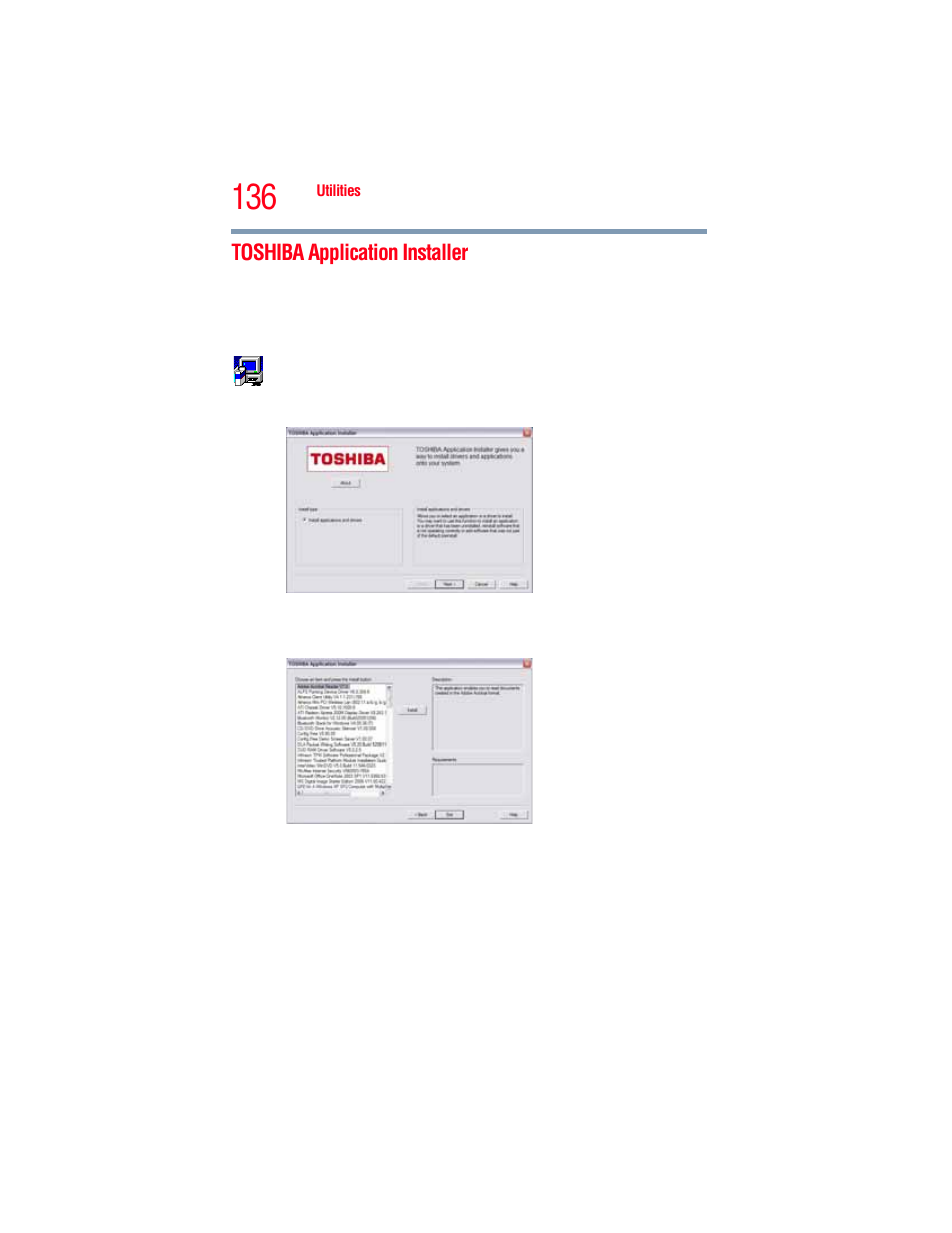 Toshiba application installer | Toshiba A205 User Manual | Page 136 / 237