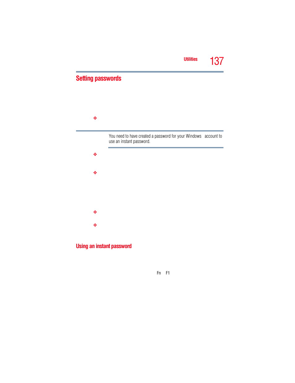 Setting passwords, Using an instant password, Supervisor password | Toshiba A205 User Manual | Page 137 / 237