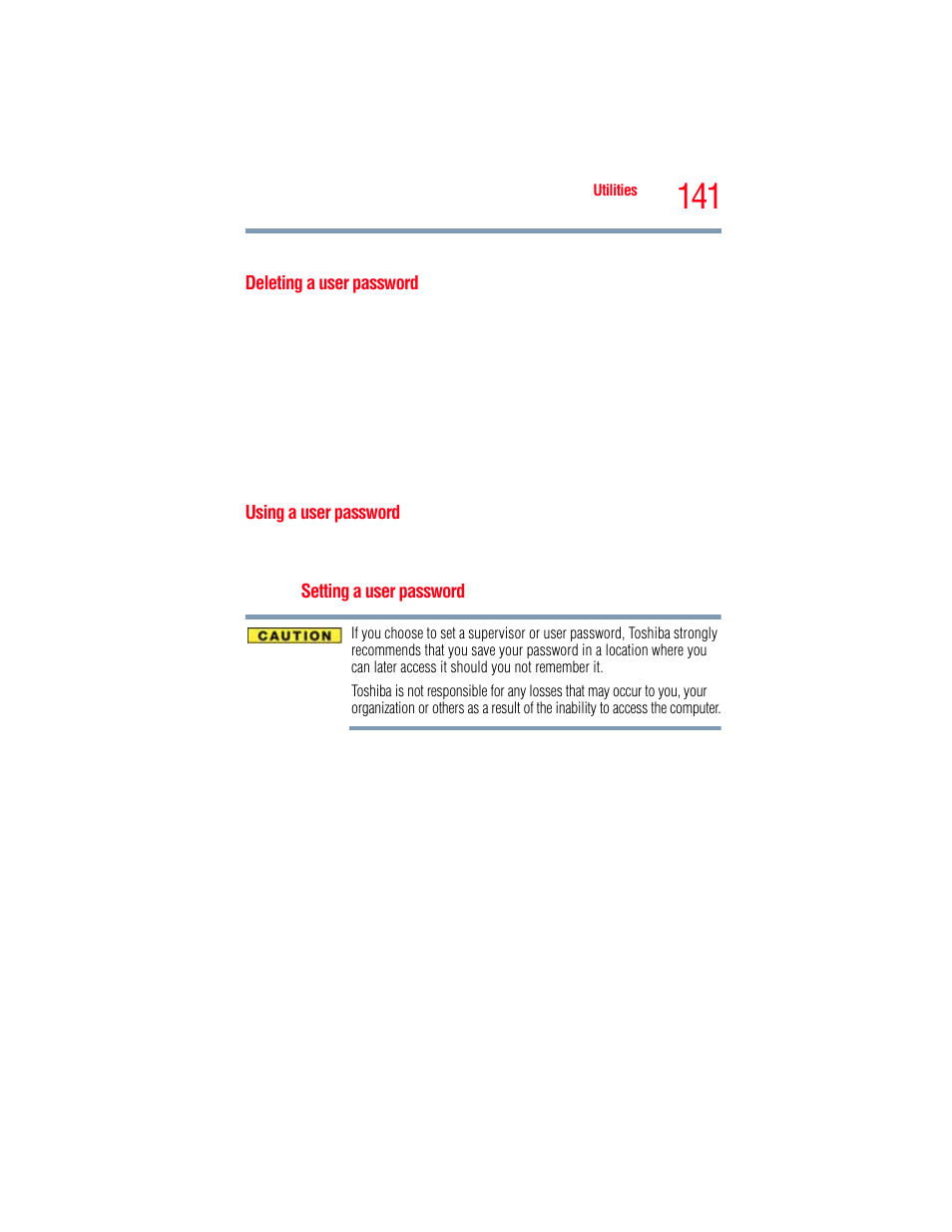 Deleting a user password, Using a user password, Deleting a user password using a user password | User password | Toshiba A205 User Manual | Page 141 / 237