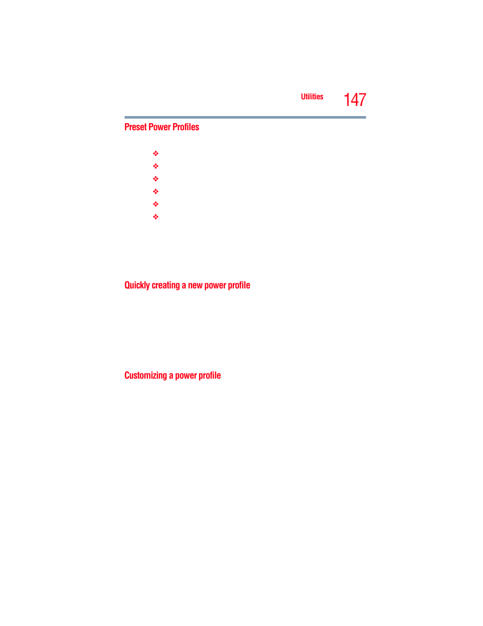 Preset power profiles, Quickly creating a new power profile, Customizing a power profile | Toshiba A205 User Manual | Page 147 / 237