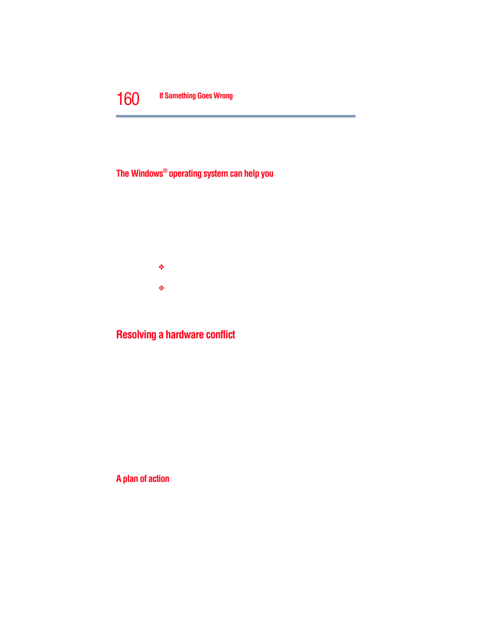 The windows® operating system can help you, Resolving a hardware conflict, A plan of action | The windows | Toshiba A205 User Manual | Page 160 / 237