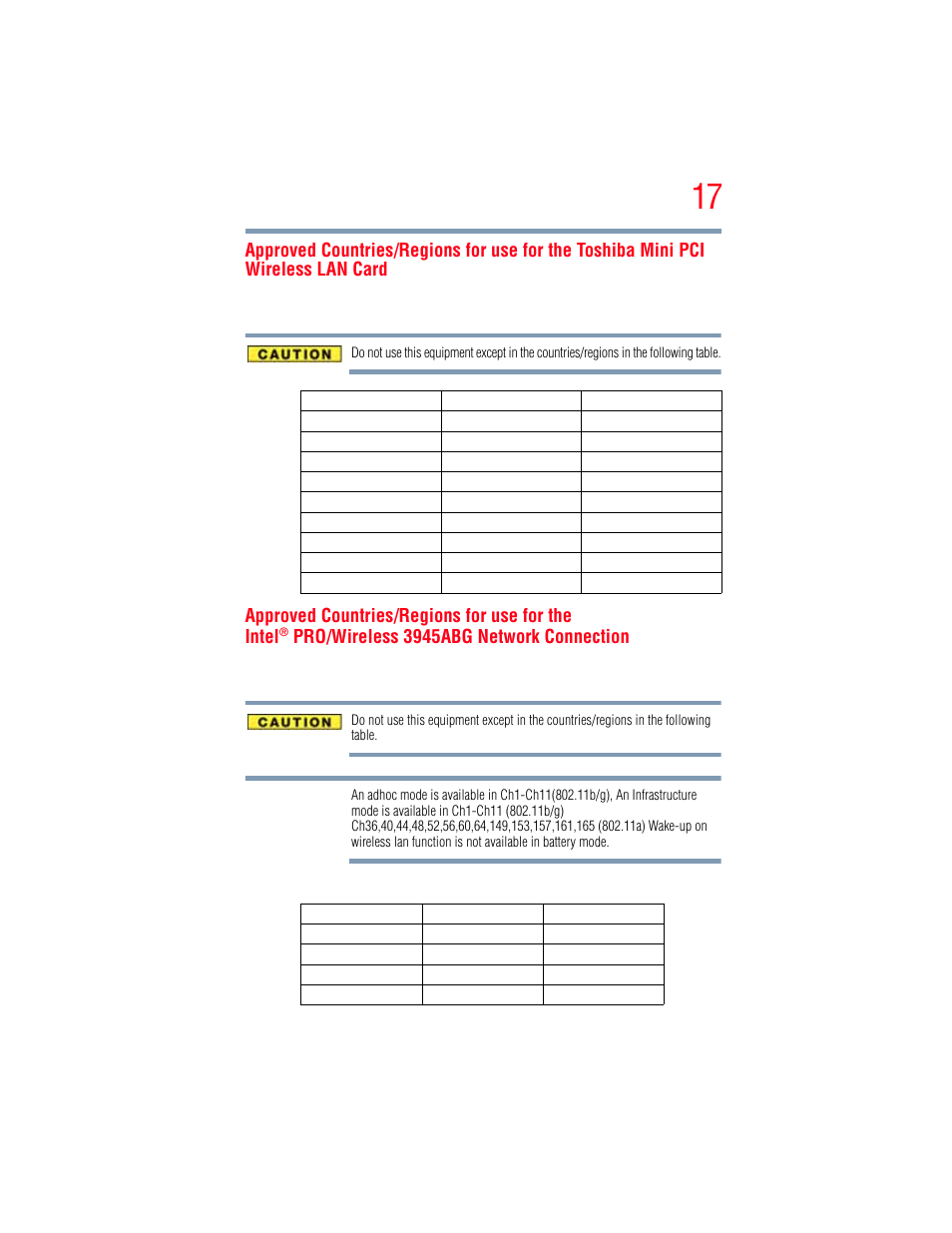 Approved countries/regions for use for the intel, Pro/wireless 3945abg network connection | Toshiba A205 User Manual | Page 17 / 237