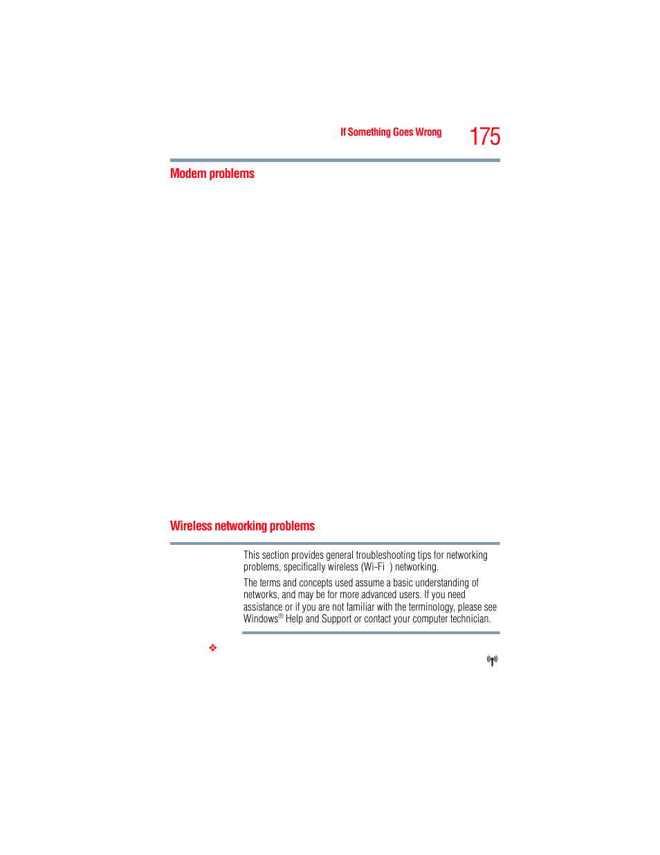 Modem problems, Wireless networking problems, Modem problems wireless networking problems | Wireless | Toshiba A205 User Manual | Page 175 / 237