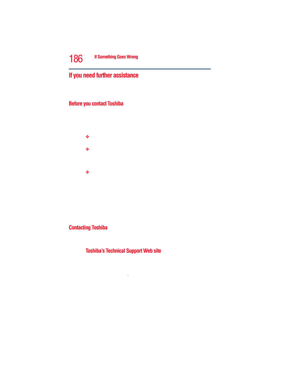 If you need further assistance, Before you contact toshiba, Contacting toshiba | Before you contact toshiba contacting toshiba | Toshiba A205 User Manual | Page 186 / 237