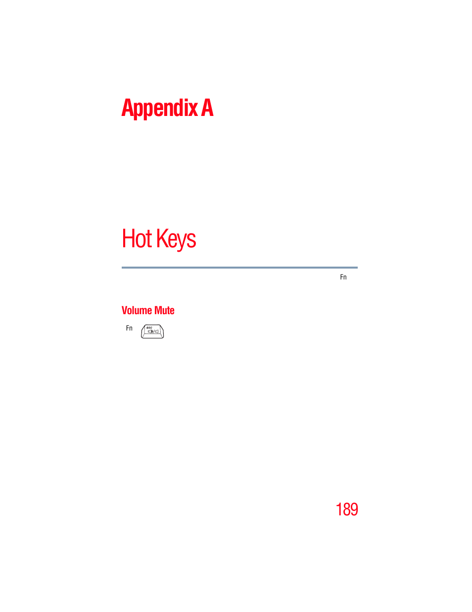 Appendix a: hot keys, Volume mute, On, see | Hot keys” on, Ys (see, Hot keys, Appendix a | Toshiba A205 User Manual | Page 189 / 237