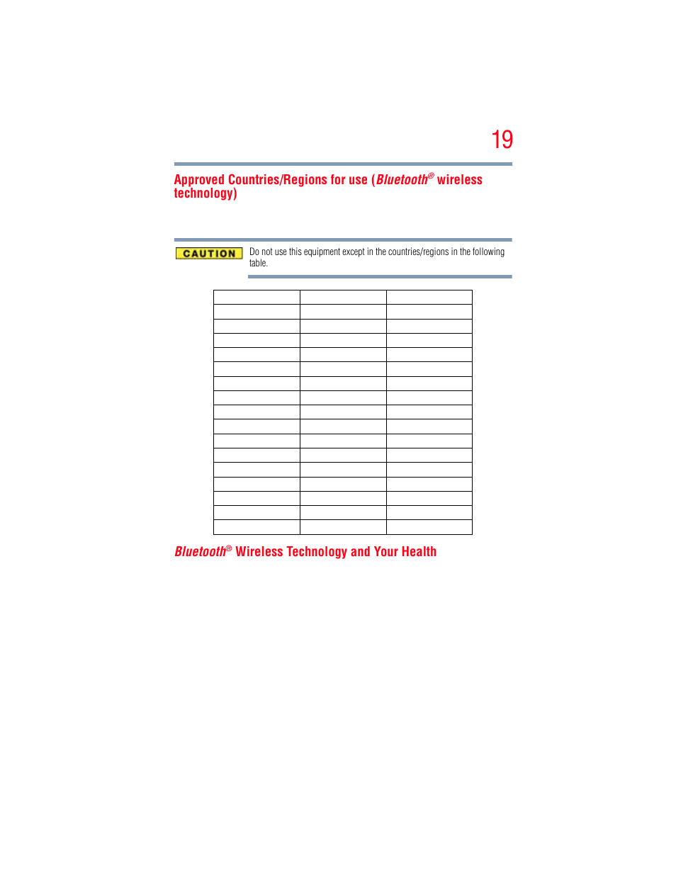 Approved countries/regions for use ( bluetooth, Wireless technology), Bluetooth | Wireless technology and your health | Toshiba A205 User Manual | Page 19 / 237