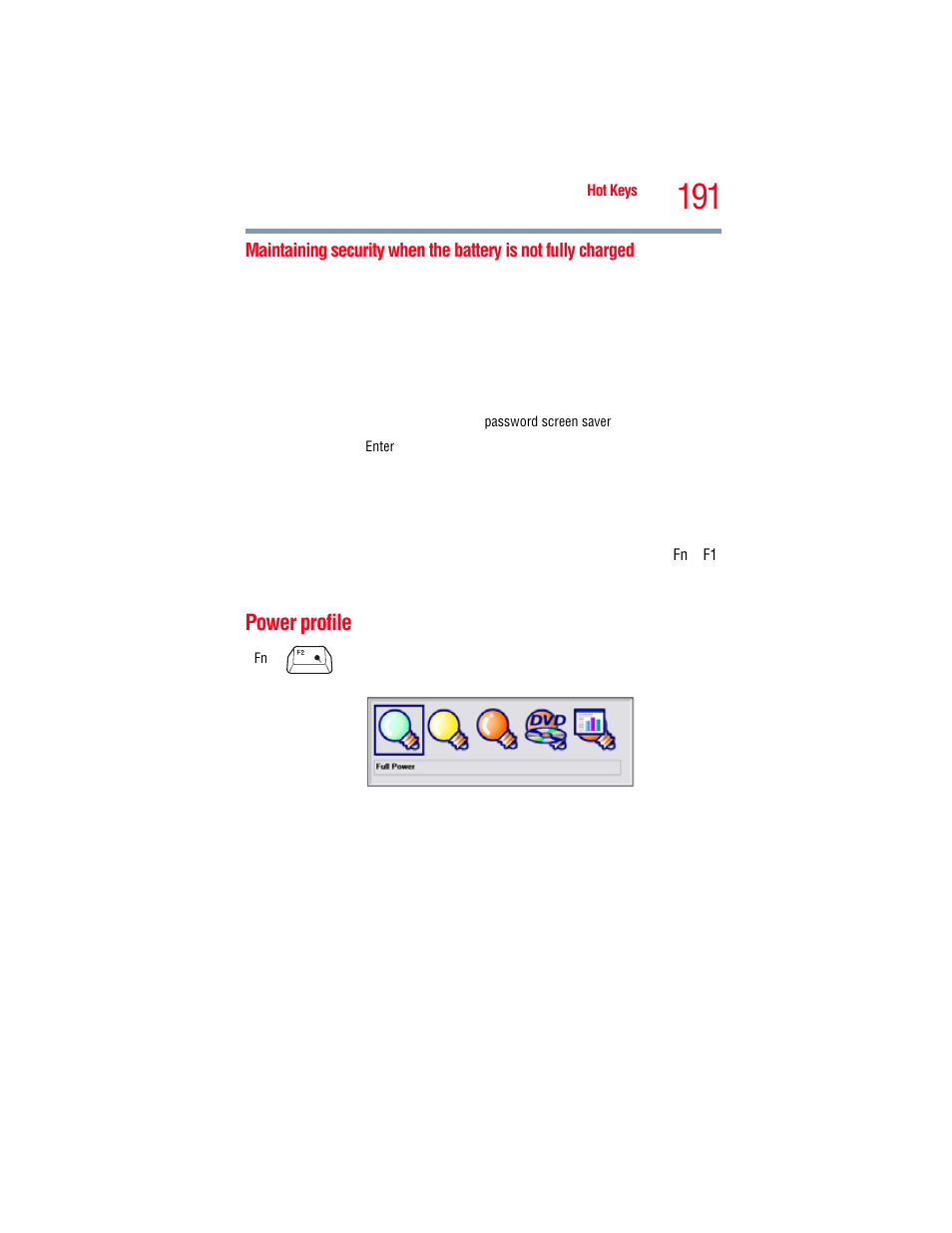 Power profile, Maintaining security when the battery, Is not fully charged | Toshiba A205 User Manual | Page 191 / 237