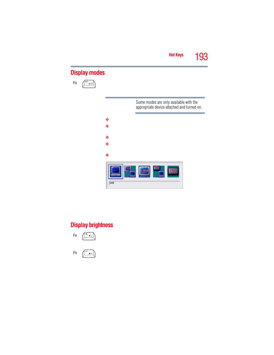 Display modes, Display brightness, Display modes display brightness | Toshiba A205 User Manual | Page 193 / 237