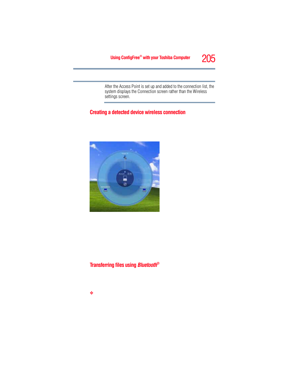 Creating a detected device wireless connection, Transferring files using bluetooth | Toshiba A205 User Manual | Page 205 / 237