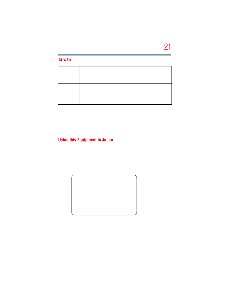 Taiwan, Using this equipment in japan | Toshiba A205 User Manual | Page 21 / 237