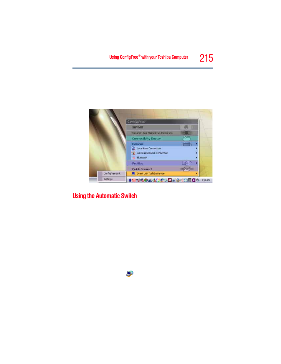 Using the automatic switch | Toshiba A205 User Manual | Page 215 / 237