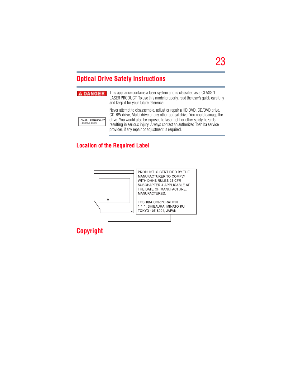 Optical drive safety instructions, Copyright | Toshiba A205 User Manual | Page 23 / 237