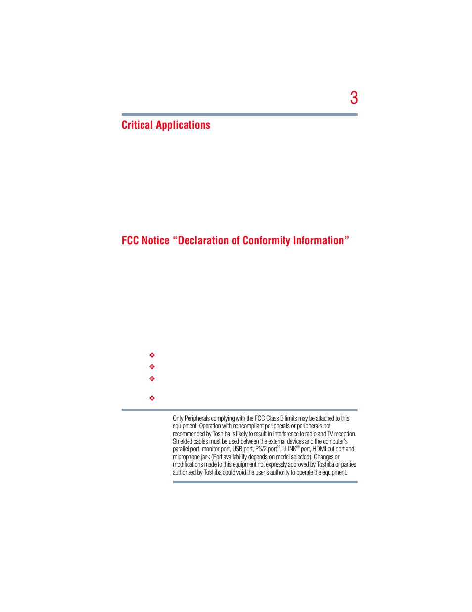 Critical applications, Fcc notice “declaration of conformity information | Toshiba A205 User Manual | Page 3 / 237