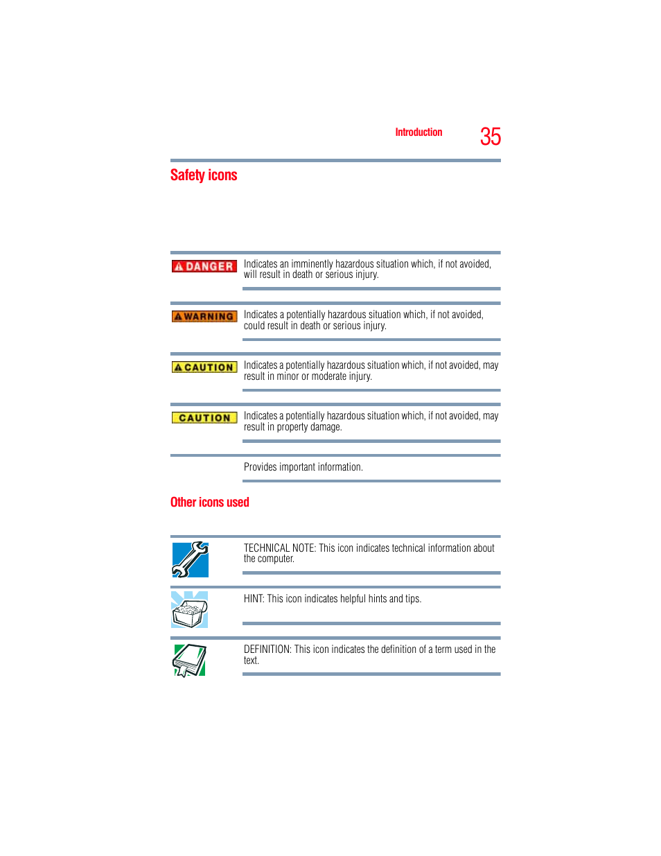 Safety icons, Other icons used | Toshiba A205 User Manual | Page 35 / 237