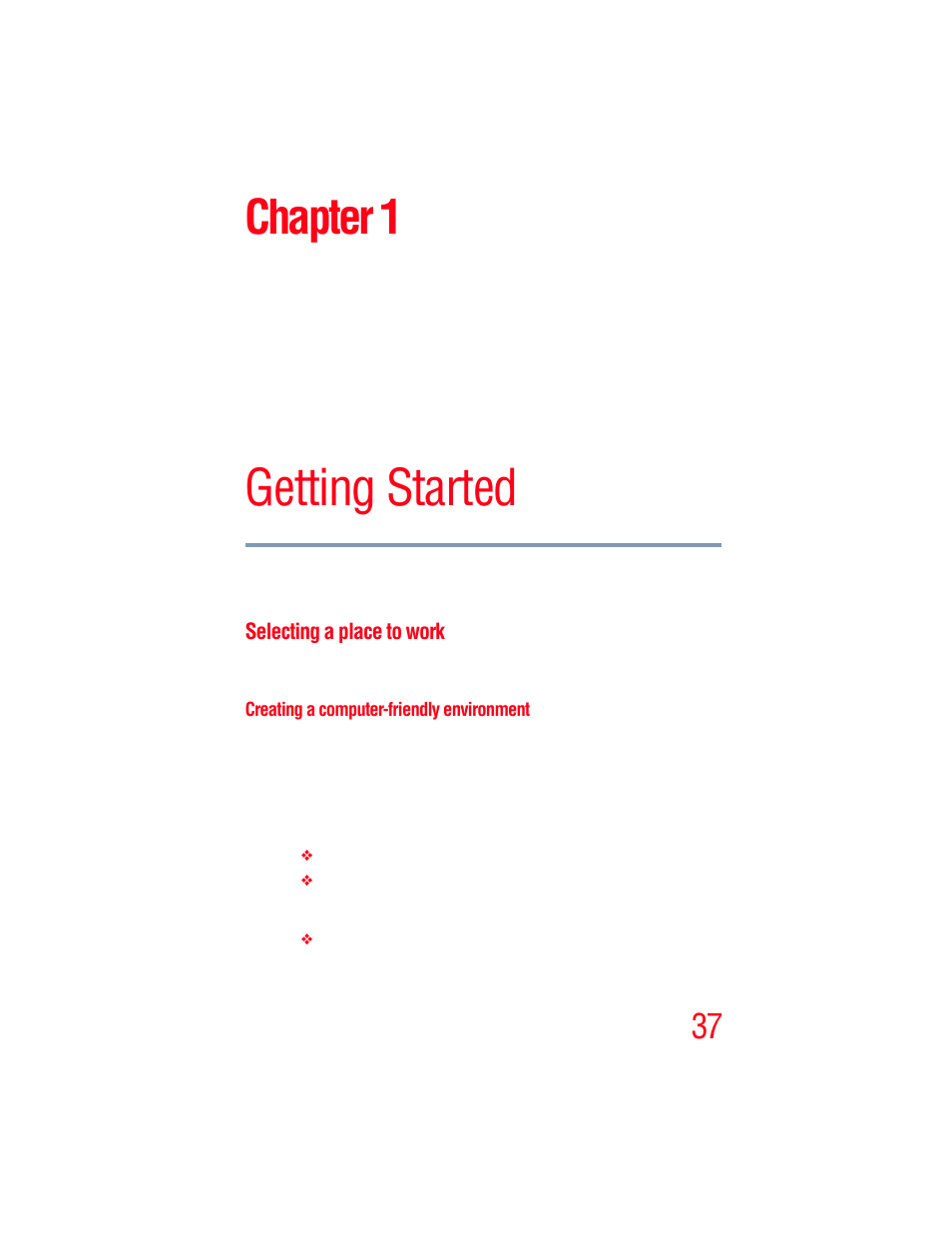 Chapter 1: getting started, Selecting a place to work, Creating a computer-friendly environment | Getting started, Chapter 1 | Toshiba A205 User Manual | Page 37 / 237