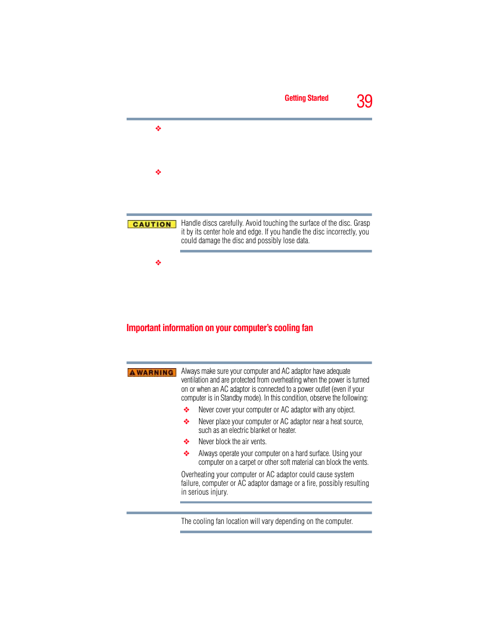 Important information on your computer’s, Cooling fan | Toshiba A205 User Manual | Page 39 / 237