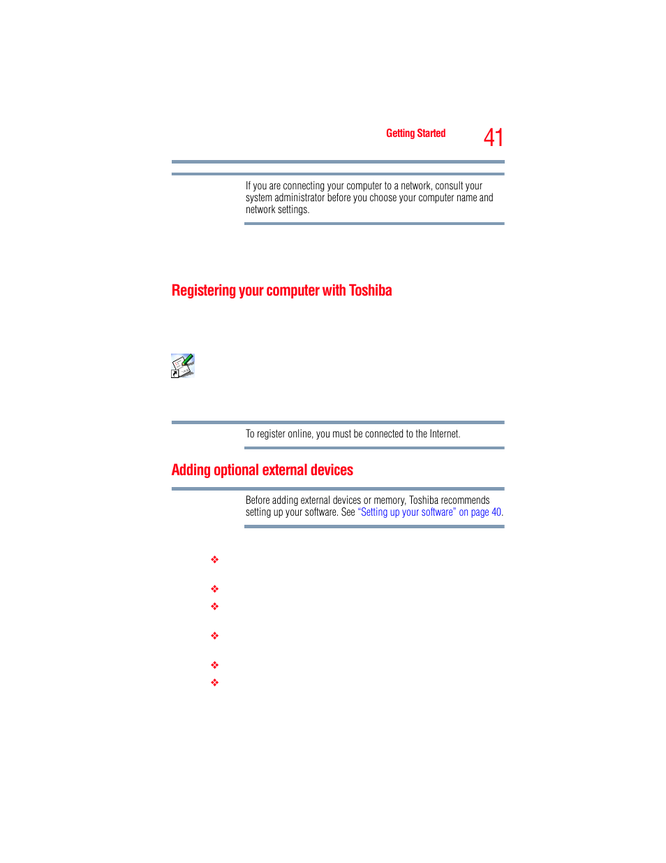 Registering your computer with toshiba, Adding optional external devices | Toshiba A205 User Manual | Page 41 / 237