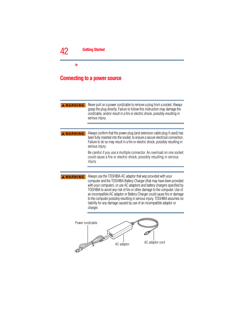 Connecting to a power source | Toshiba A205 User Manual | Page 42 / 237