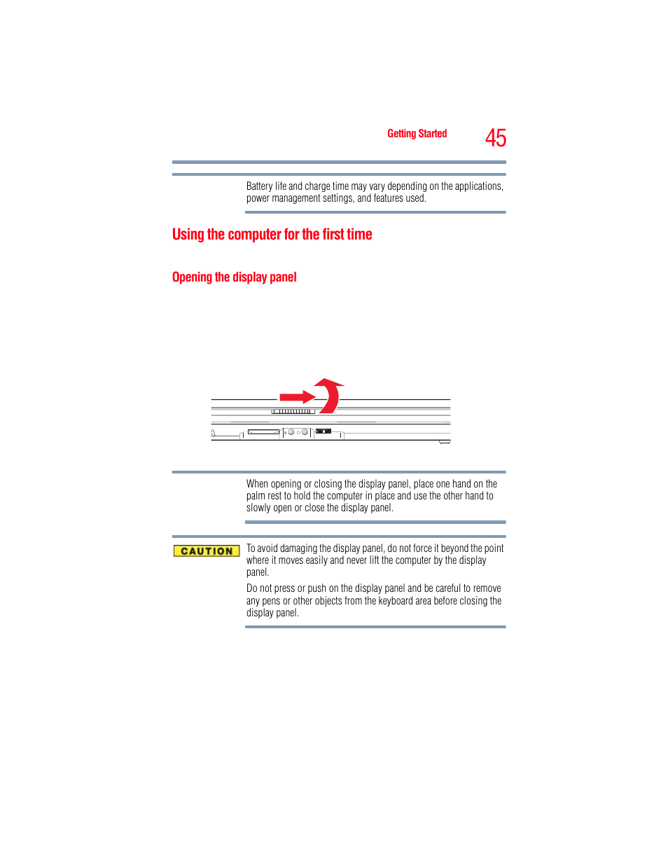 Using the computer for the first time, Opening the display panel | Toshiba A205 User Manual | Page 45 / 237