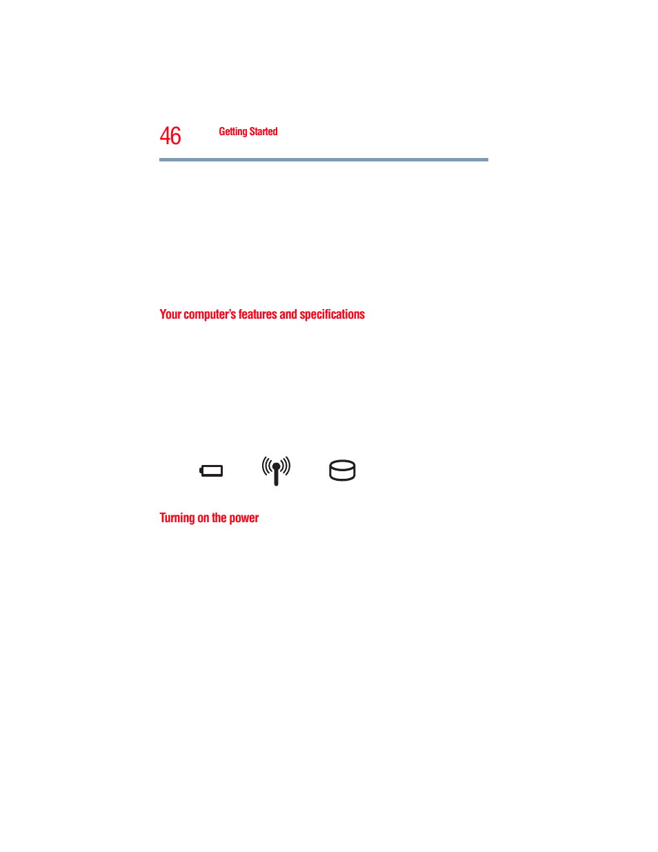 Your computer’s features and specifications, Turning on the power | Toshiba A205 User Manual | Page 46 / 237