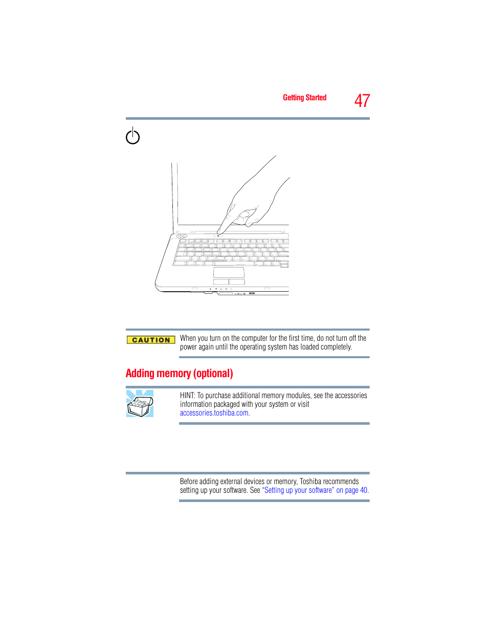 Adding memory (optional), Adding memory (optional)” on | Toshiba A205 User Manual | Page 47 / 237