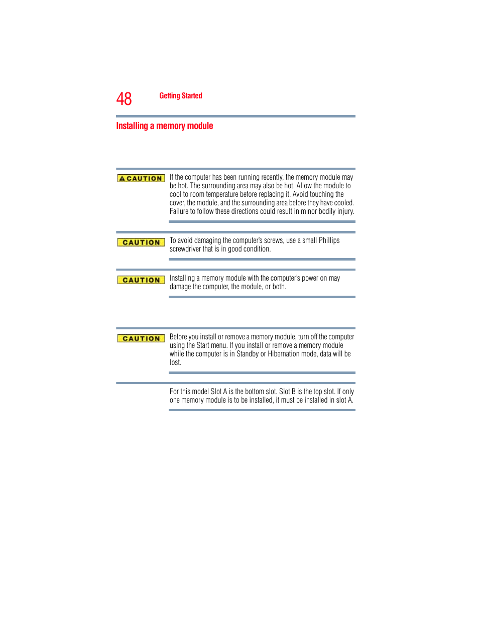 Installing a memory module | Toshiba A205 User Manual | Page 48 / 237