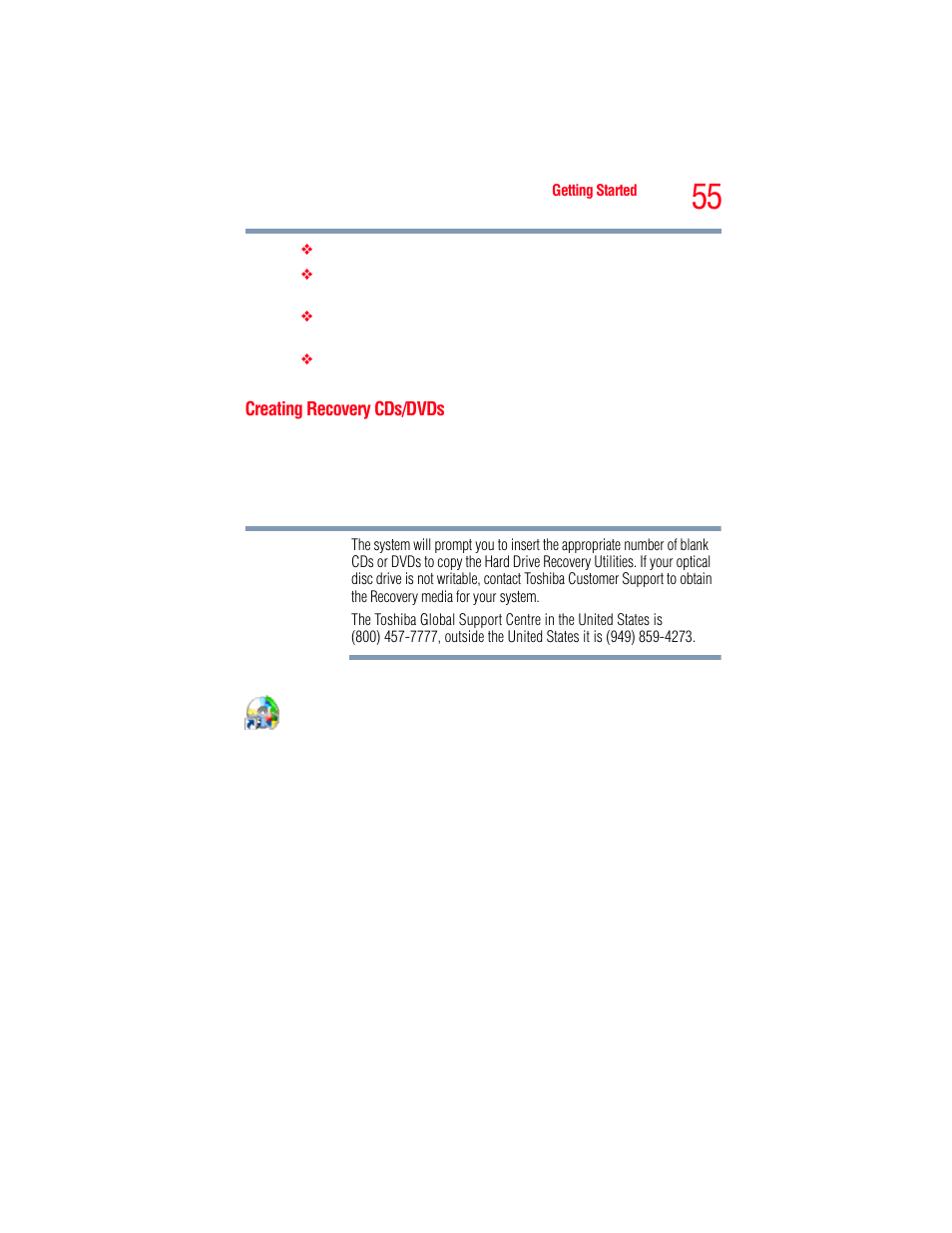 Creating recovery cds/dvds | Toshiba A205 User Manual | Page 55 / 237