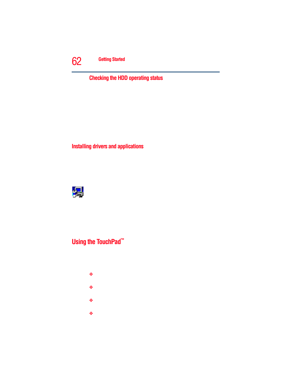 Installing drivers and applications, Using the touchpad | Toshiba A205 User Manual | Page 62 / 237