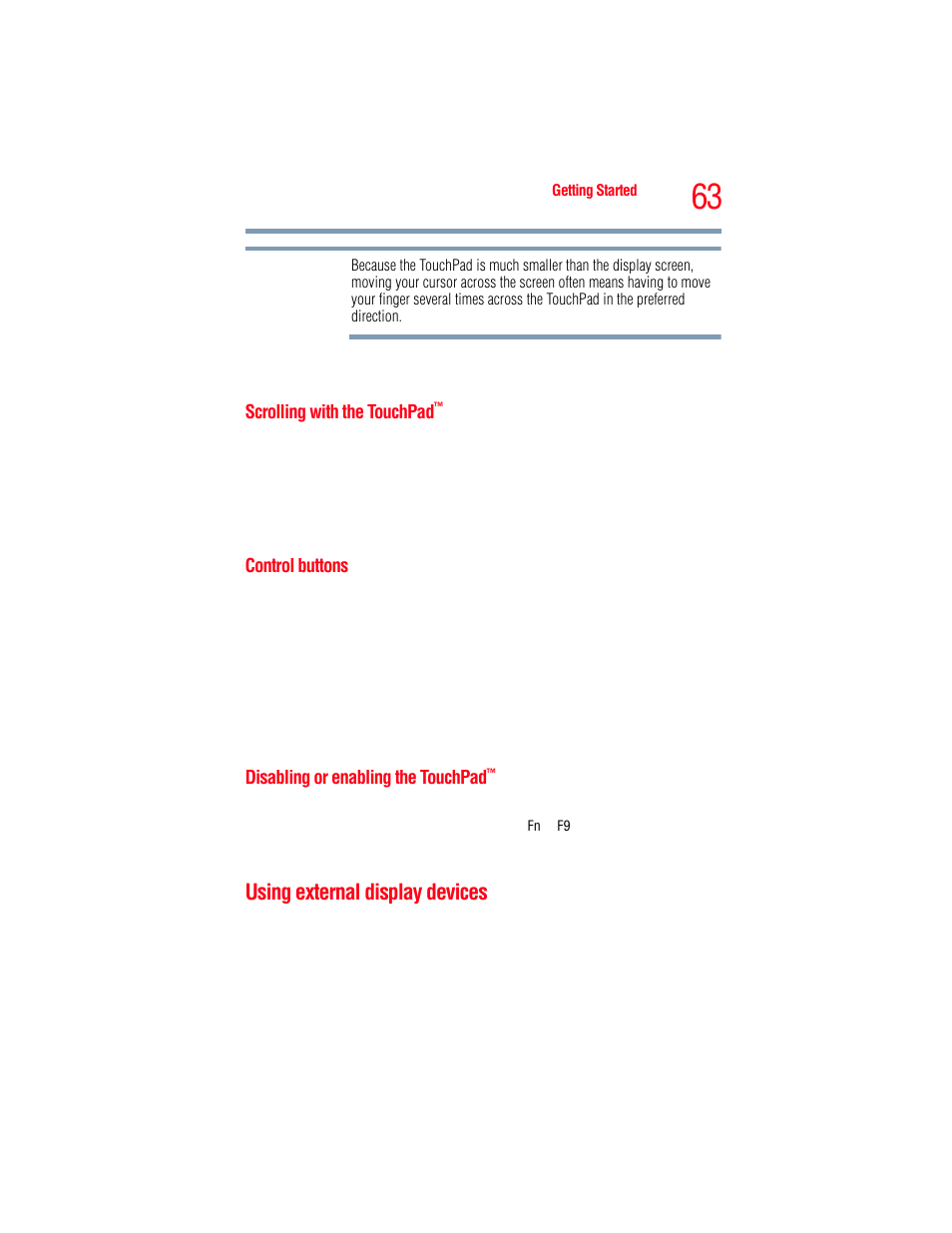 Scrolling with the touchpad, Control buttons, Disabling or enabling the touchpad | Using external display devices, Using external display | Toshiba A205 User Manual | Page 63 / 237