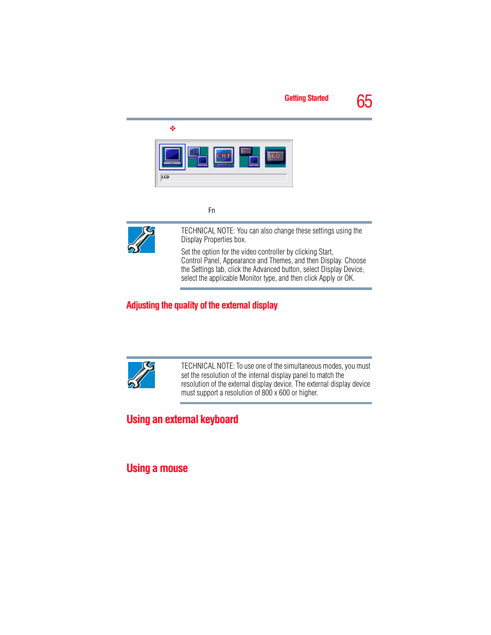 Adjusting the quality of the external display, Using an external keyboard, Using a mouse | Using an external keyboard using a mouse, Using an external | Toshiba A205 User Manual | Page 65 / 237