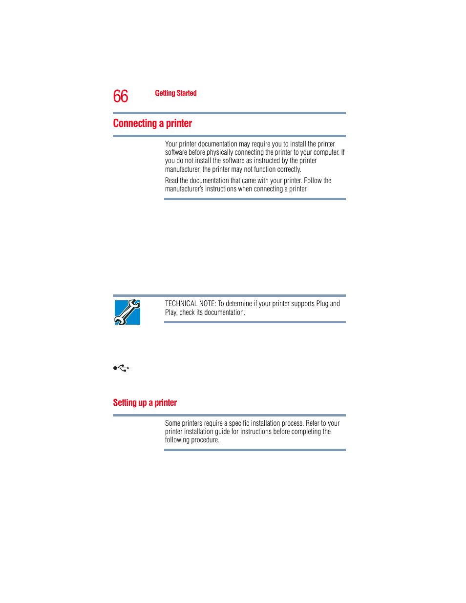 Connecting a printer, Setting up a printer | Toshiba A205 User Manual | Page 66 / 237