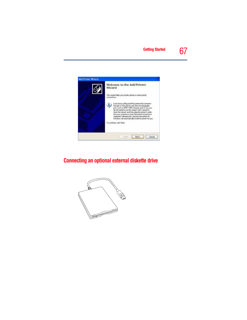 Connecting an optional external diskette drive, E (see, Connecting an | Toshiba A205 User Manual | Page 67 / 237