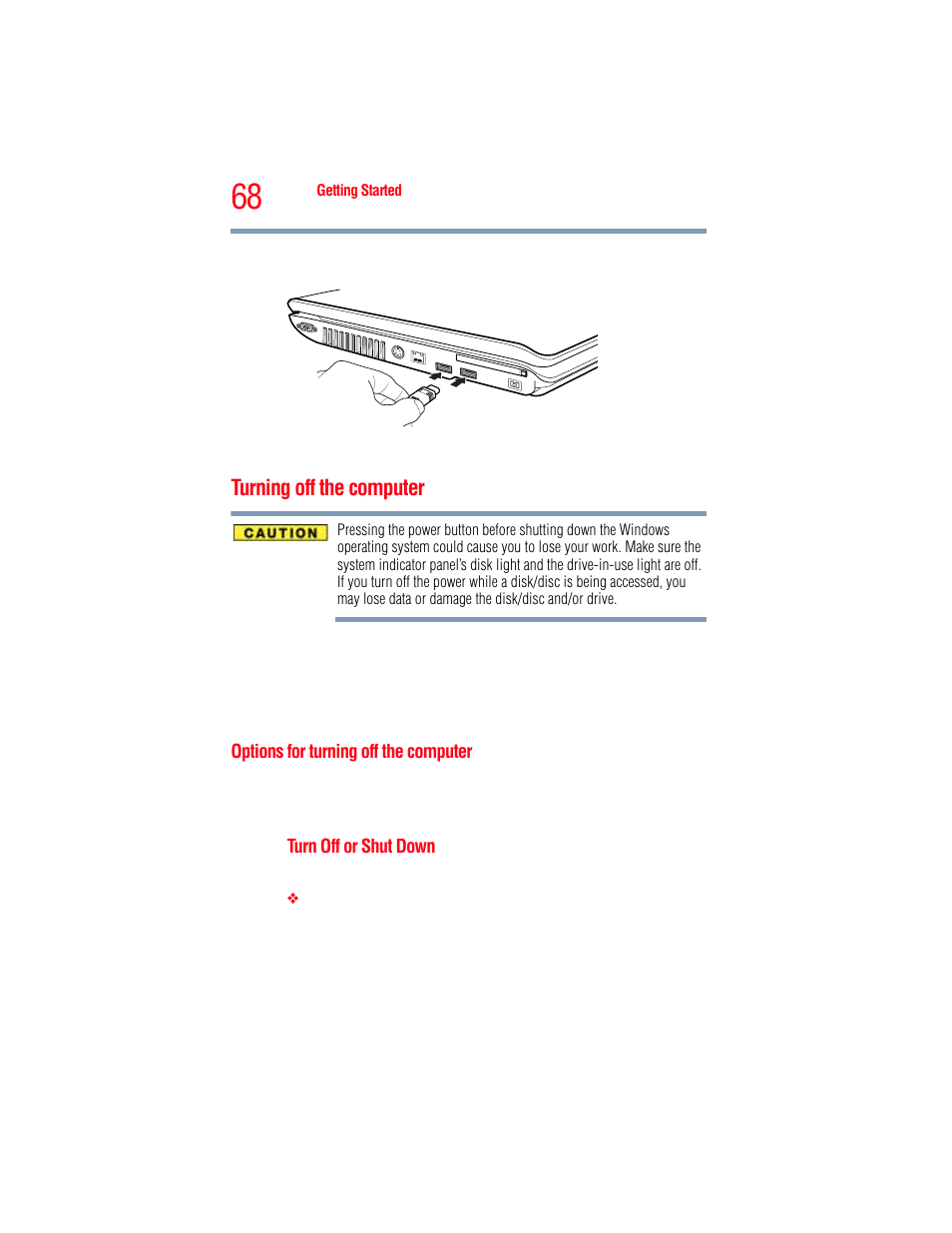 Turning off the computer, Options for turning off the computer | Toshiba A205 User Manual | Page 68 / 237