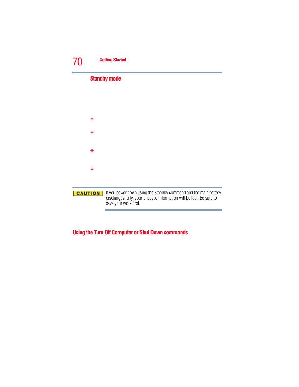 Using the turn off computer or shut down commands, Using the turn off computer or shut down, Commands | Toshiba A205 User Manual | Page 70 / 237