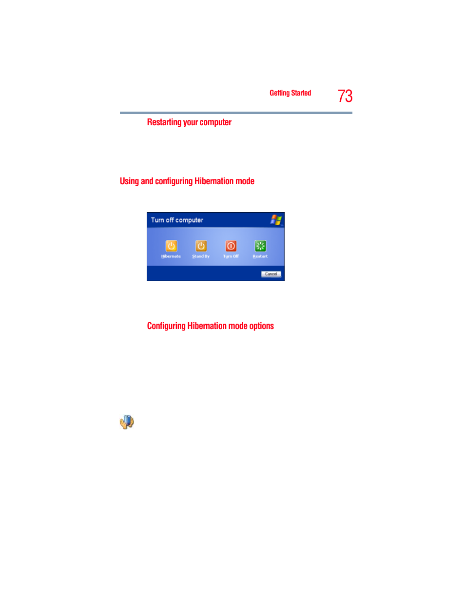 Using and configuring hibernation mode | Toshiba A205 User Manual | Page 73 / 237