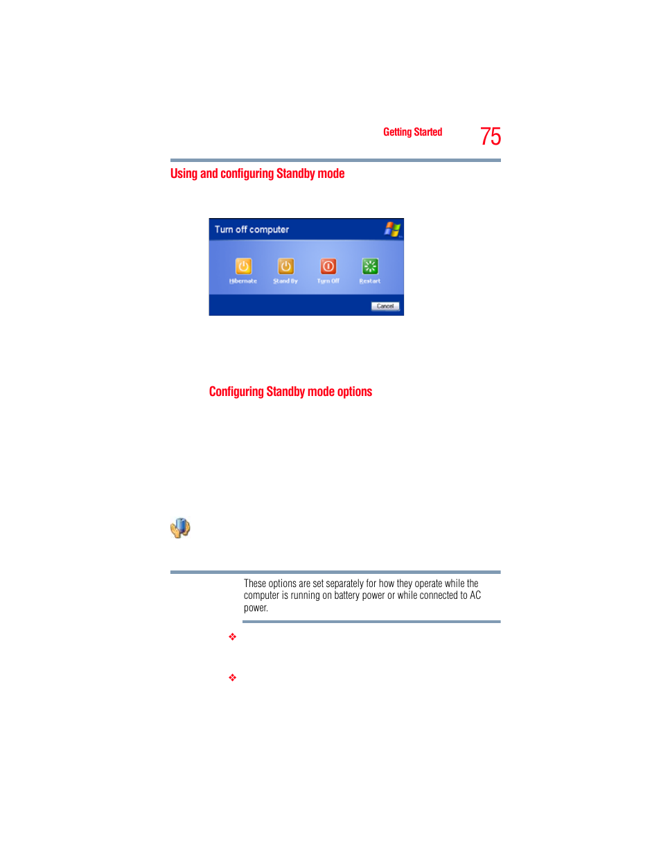 Using and configuring standby mode | Toshiba A205 User Manual | Page 75 / 237