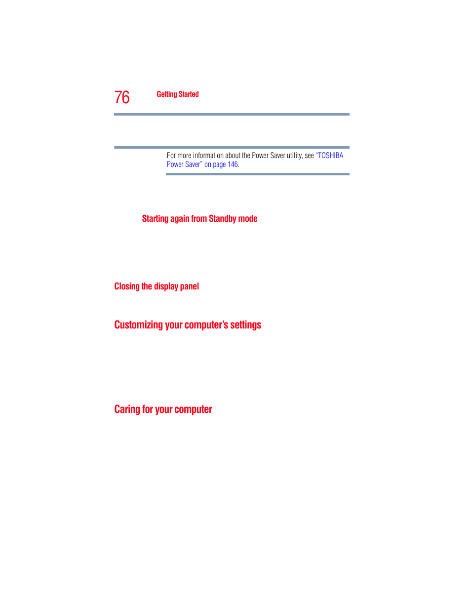 Closing the display panel, Customizing your computer’s settings, Caring for your computer | Toshiba A205 User Manual | Page 76 / 237