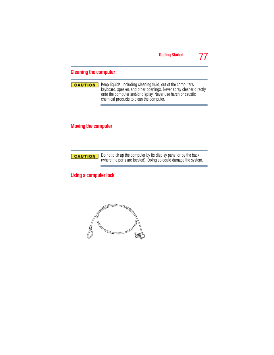 Cleaning the computer, Moving the computer, Using a computer lock | Cleaning the computer moving the computer | Toshiba A205 User Manual | Page 77 / 237