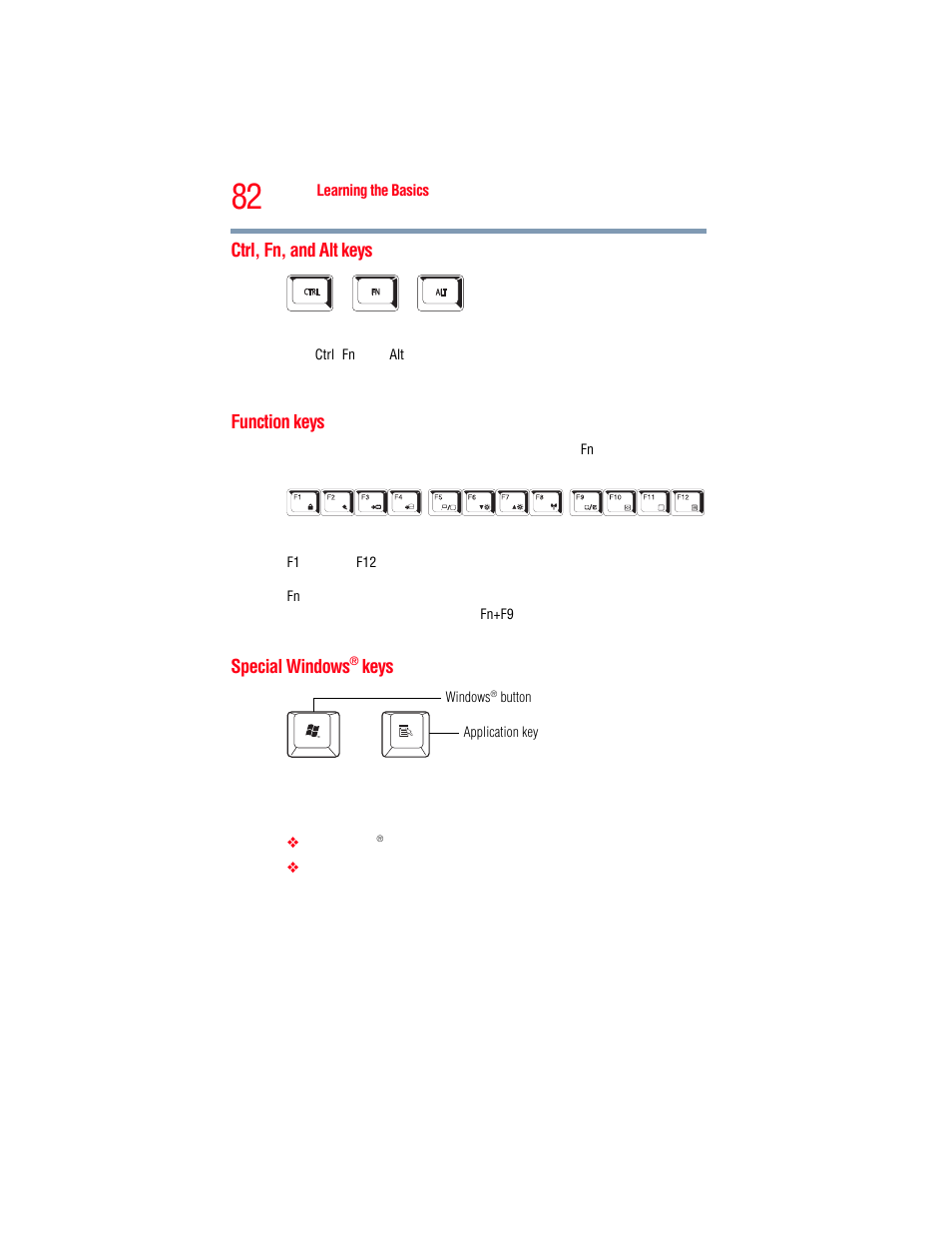 Ctrl, fn, and alt keys, Function keys, Special windows® keys | Toshiba A205 User Manual | Page 82 / 237