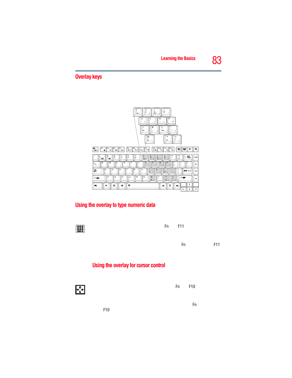 Overlay keys, Using the overlay to type numeric data | Toshiba A205 User Manual | Page 83 / 237