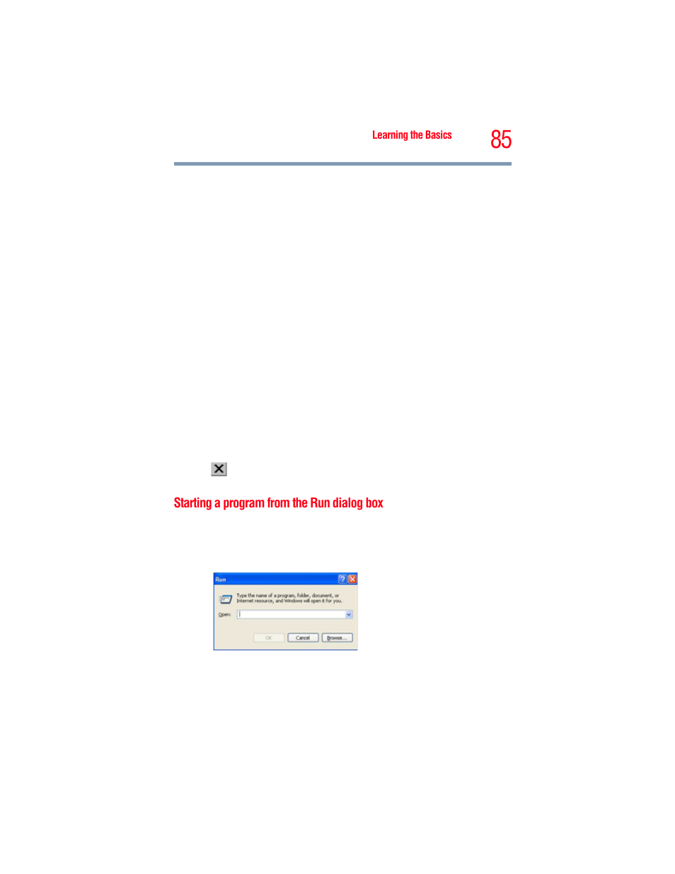 Starting a program from the run dialog box | Toshiba A205 User Manual | Page 85 / 237