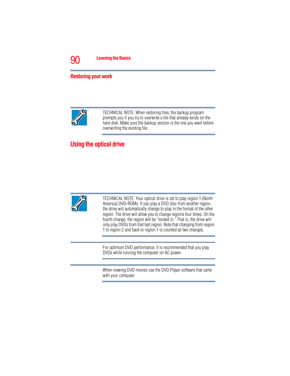 Restoring your work, Using the optical drive | Toshiba A205 User Manual | Page 90 / 237