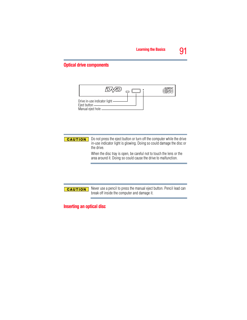Optical drive components, Inserting an optical disc, Optical drive components inserting an optical disc | Toshiba A205 User Manual | Page 91 / 237