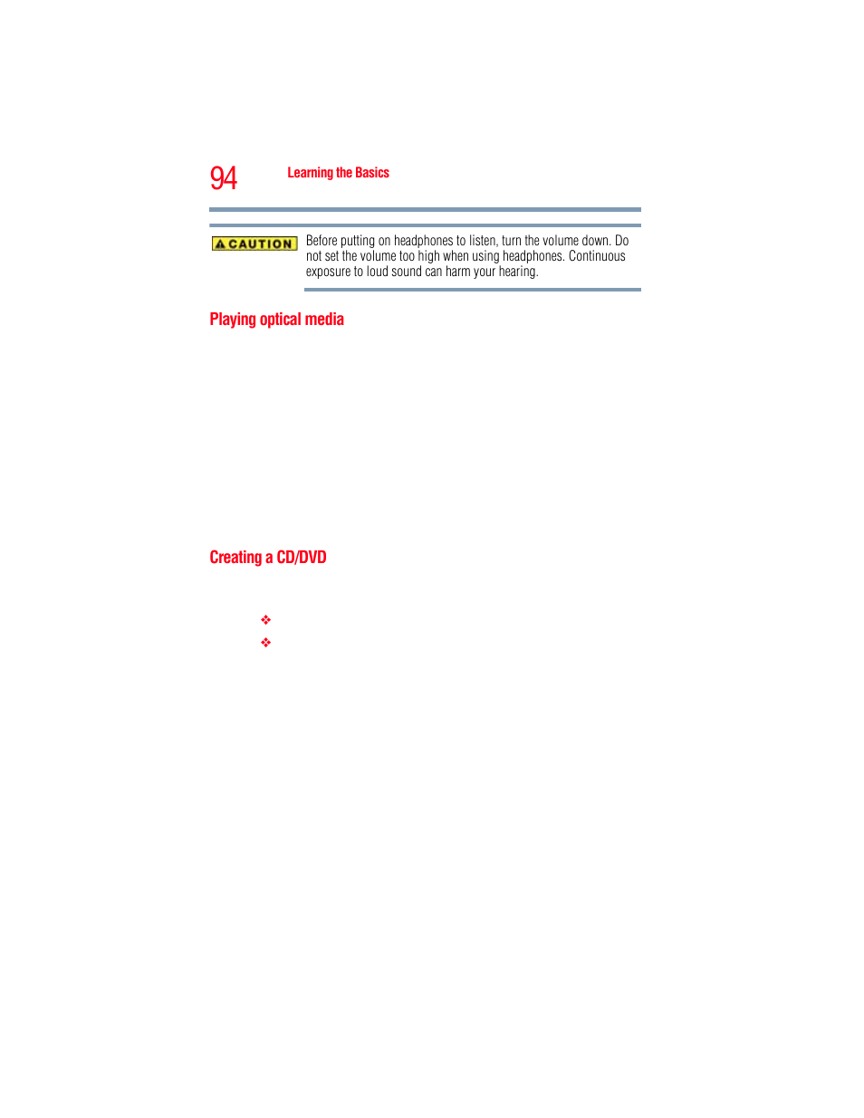 Playing optical media, Creating a cd/dvd, Playing optical media creating a cd/dvd | Toshiba A205 User Manual | Page 94 / 237