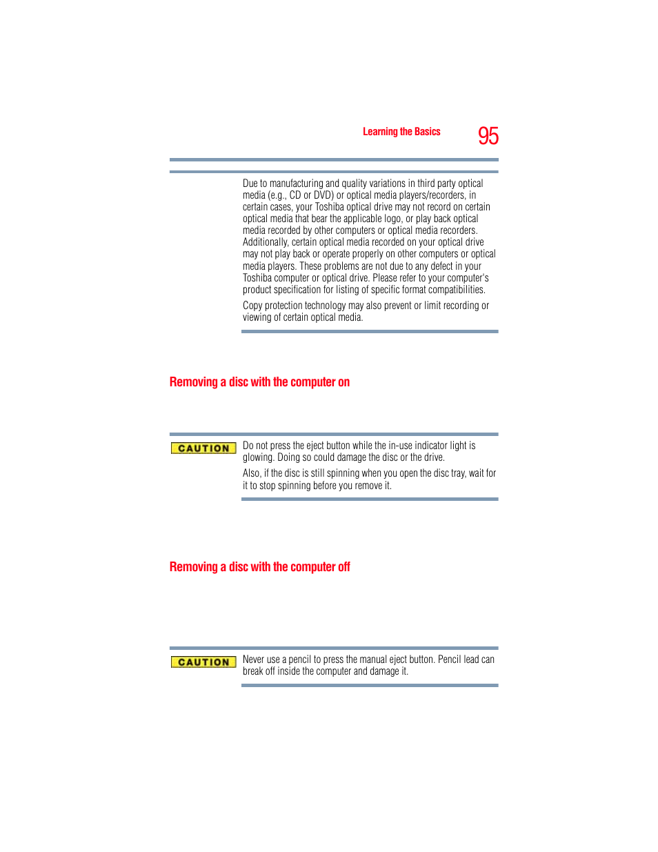 Removing a disc with the computer on, Removing a disc with the computer off | Toshiba A205 User Manual | Page 95 / 237