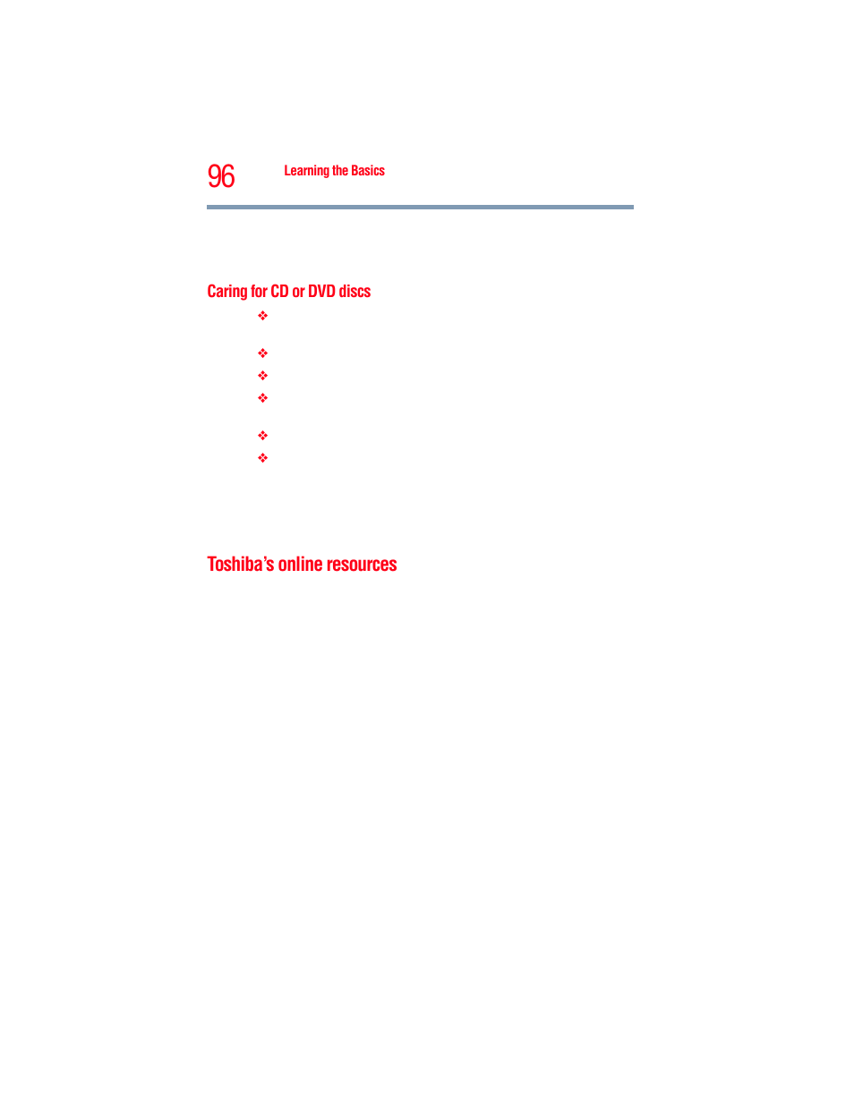 Caring for cd or dvd discs, Toshiba’s online resources, Caring for cd or | Toshiba A205 User Manual | Page 96 / 237
