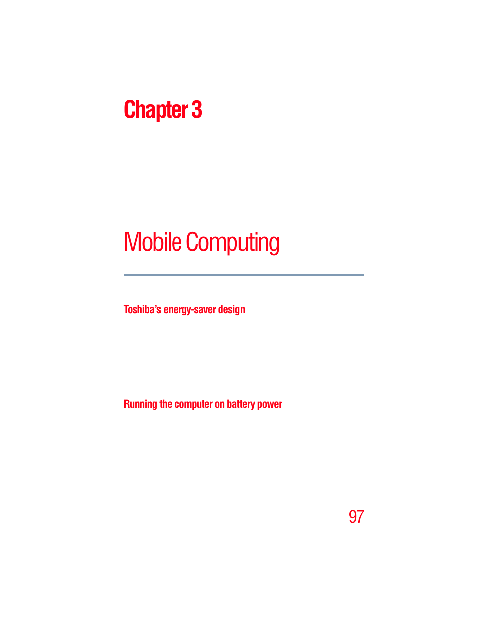Chapter 3: mobile computing, Toshiba’s energy-saver design, Running the computer on battery power | Mobile computing, Chapter 3 | Toshiba A205 User Manual | Page 97 / 237